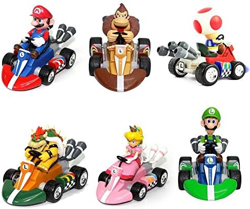 Taghua 6PCS Super Mario Pull Back Kart Racer Car Donkey Kong Luigi Yoshi Toad Princess Action Figures Toy for Kids Gift