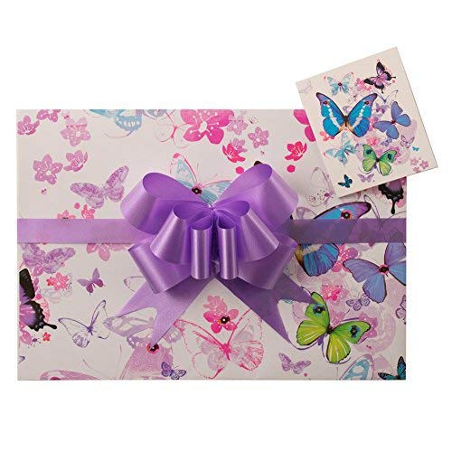 Butterflies Lilac, Gift Wrap Pack, Gorgeous Colours, Gift Wrap, 2 Sheets, 2 Matching Tags and 2 Pull Bows. Arrives in an A4 Boarded Envelope for Protection, Female Birthday Gift, Present,