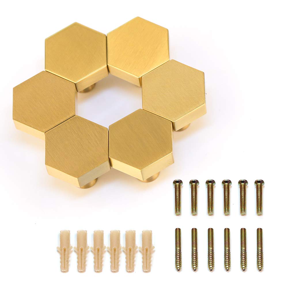 EVERGD Pure Solid Brass Gold Cabinet Drawer Door Knobs Wardrobe Handles Kitchen Cupboard Hardware Pull Handle Coat Hook (6, Gold-Hexagon)