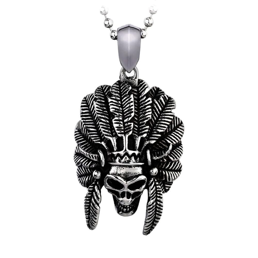 OAKKY Men's Stainless Steel Silver Native American Indian Style Tribal Chief Skull Pendant Necklace with 24 Inches Chain