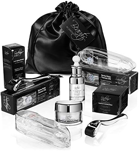 X2 Derma Roller Kit For Face | 0.25mm and 0.30mm 540 Titanium Microneedle Rollers | Pure Organic Vitamin C 20%, Hyaluronic Acid Serum | Large 1.7oz Soothing Retinol Moisturizing Cream!