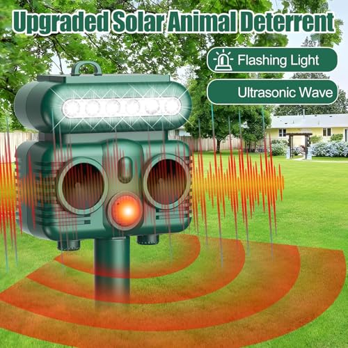 OBEST Solar Powered Animal Deterent, Ultrasonic with Light for Home Yard, Waterproof Animal Chase Device for Cat Raccoon, Sound Frequency 8kHZ