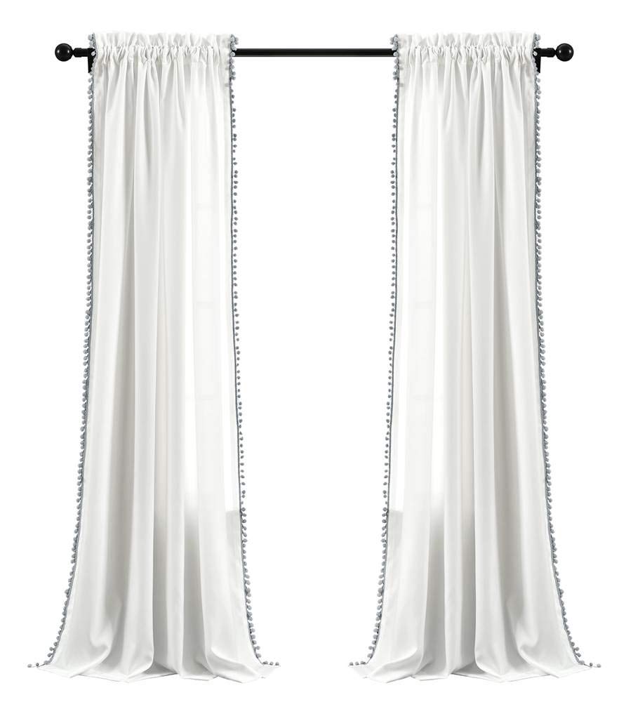 Lush Decor, Gray Pom Curtain | Textured, Solid Color Shabby Chic Style Window Panel for Living, Dining Room, Bedroom (Single), 84” x 50 White, 84" x 50"