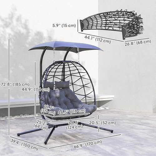 Outsunny Double Hanging Egg Chair with Canopy, Foldable Wicker Egg Swing Chair with Steel Stand, Cushion, Headrest, Indoor Outdoor Hammock Chair, 573lbs Capacity, Black