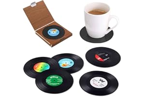 ONFAMICO Coasters for Drinks with Gift Box Retro Disk Vinyl Record CD Coasters Set of 6 Non-Slip and Perfect for Restaurant/Bar/Party/Cake Decoration
