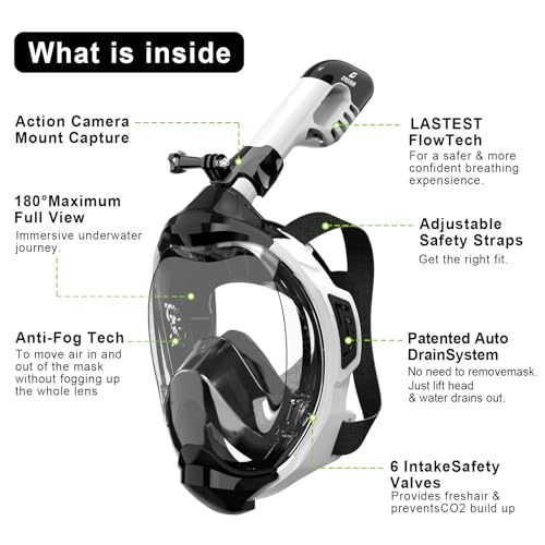 EMSINA-Full Face Snorkel Mask fins set for Adults and Kids, Upgrade Dry Top Breathing System-New flowtech design- Foldable Panoramic View, Anti Leak&Fog_