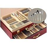 75-Piece Gold Flatware Set Dining Service for 12, 18/10 Premium Stainless Steel, 24K Gold-Plated Trim, Silverware Serving Set, Wood Storage Case ("Regency")