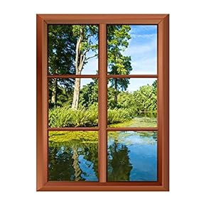Wall26 Removable Wall Sticker/Wall Mural - Lush Green Woodland Park Reflecting in Tranquil Pond in Sunshine - Creative Window View Vinyl Sticker - 24"x32"