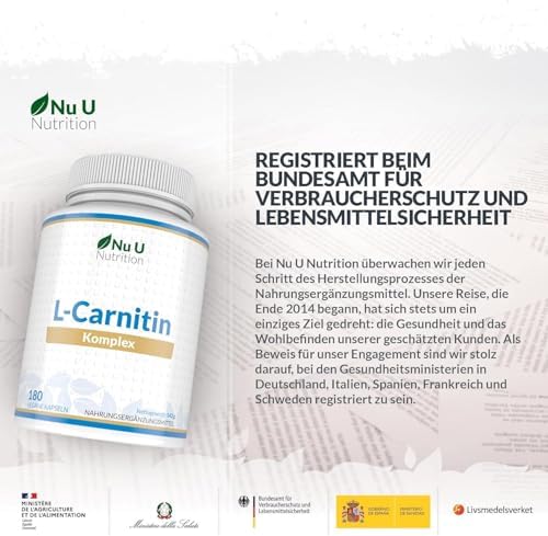 L-Carnitin Komplex 2.200mg Hochdosiert - 180 Vegane Kapseln - Mit Riboflavin, Biotin, Chrom, Vitamin D, B3 & B6 - L-Carnitin-Tartrat-Ergänzung - Nu U Nutrition