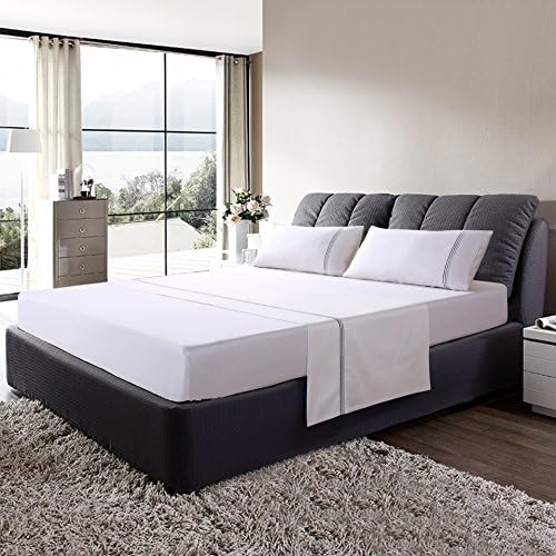 100% Cotton Sateen Embroidery Fitted Sheet Flat Sheet (Beige) Premium Quality Combed Cotton Comfortable - 4 Piece (Queen, Grey Embroidery)