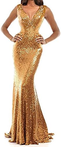 CIRCLEWLD Women's v-Neck Solid Sleeveless Long Gown Dress, Gold, 10