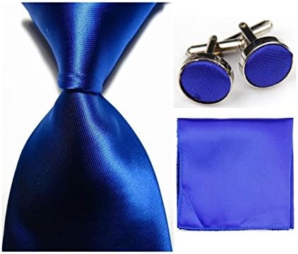 All Solid Traditional Matching Tie, Cufflink and Pocket Square - 4 Piece Elegant Set - 100% Silk - Solid Blue Color