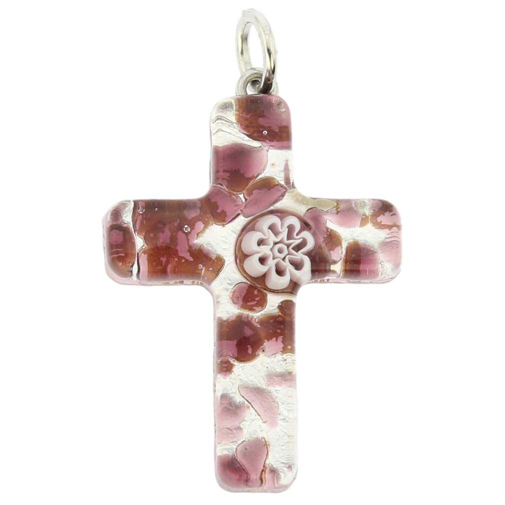 Glass Of Venice Murano Glass Venetian Reflections Cross Pendant - Purple Silver