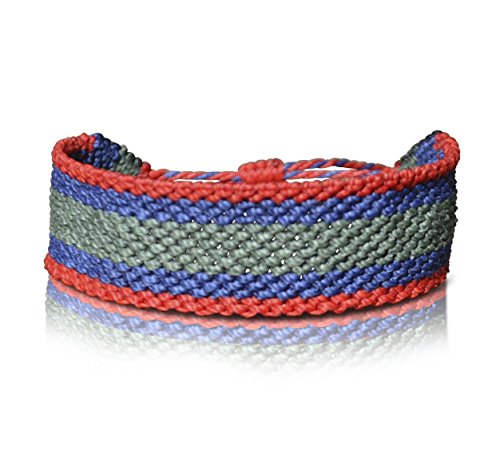 Men's Striped Sailor Bracelet Hand-Knotted Nylon Adjustable Pull Cord Macrame Friendship Bracelet with Hematite Stones in Red, Cobalt Blue and Military Green by Rumi Sumaq - Thumbnail 4
