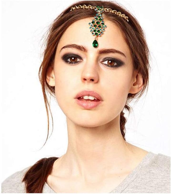 Crystal Head Chain Rhinestone Head Clip Green Drop pendant Wedding Headpiece Indian Forehead Hair Jewelry for Women (Green)