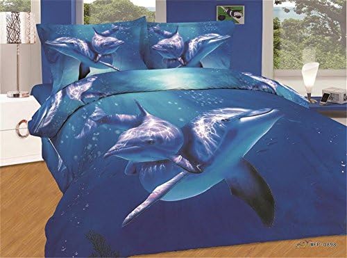 Joubuy 3d Blue Bedding Sets Blue Sea Leaping Dolphin Landscape Oil Painting 3d Bedding Blue Dolphin and Sea Duvet Cover Queen Luxury Wedding Set Cotton Romantic Print Bed Sheets 4pcs (Ocean_6)