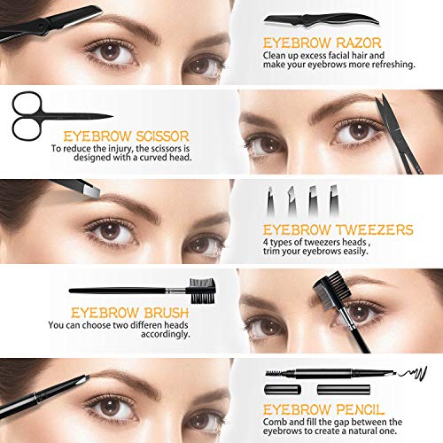 HOCOSY Eyebrow Kit, 8 in 1 Tweezers for Eyebrows, Professional Eyebrow Grooming Set include Stainless Steel Eyebrow Razor Eyebrow Brush Eyebrow Scissors Brown Eyebrow Pen with Travel Case