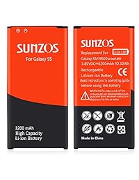 SUNZOS - Batería para Galaxy S5 (3200 mAh, iones de litio, batería de repuesto para Galaxy S5 [I9600, G900F, G900V (Verizon), G900T (T-Mobile), G900A (AT&T), G900P (Sprint)]
