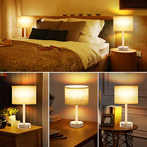 Table Lamp with Alarm Clock, Touch Control Bedside Lamp with 2 AC Outlets & 2 USB Ports, Alarm Clock Charging Base, 6Ft Power Cord, 3 Level Brightness Modern Nightstand Lamps for Home Bedroom Dorm