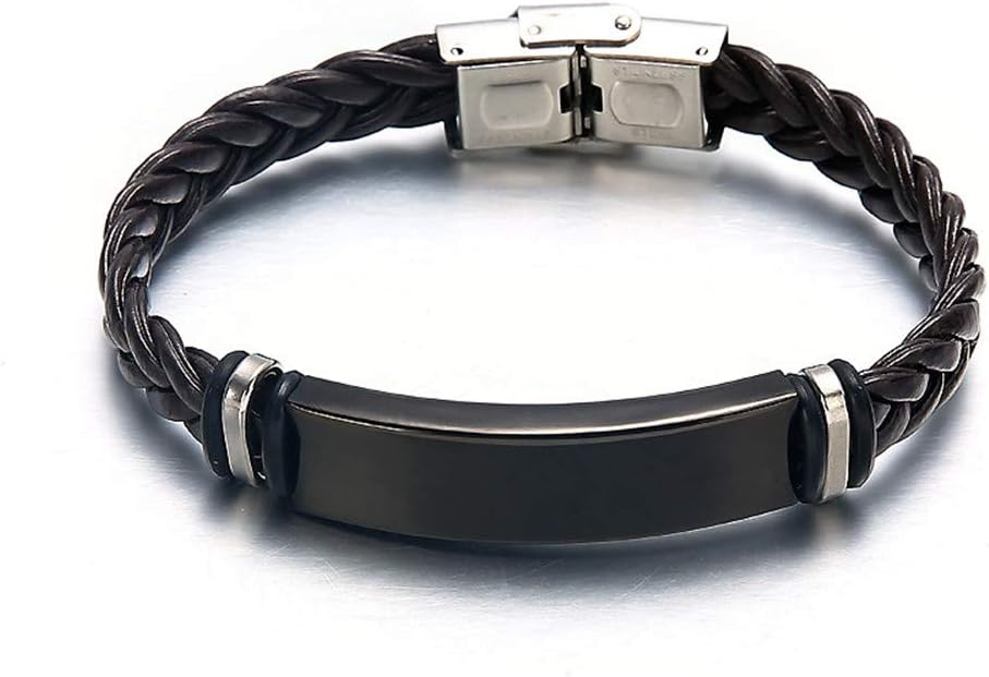 LiFashion LF Mens 316l Stainless Steel Braided Leather Nameplates Personalised Custom ID Tag Identification Bracelet for Man Boys for Birthday Fathers Day Valentine Gift,Free Engraving Customized