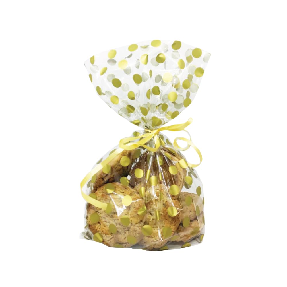 Anniversary House Metallic Gold Polka Dot BOPP Cellophane Bags, 12.5 x 28.5cm, Treat Bags, Gifts Bags, Including Twist Ties, Pack of 20, M563