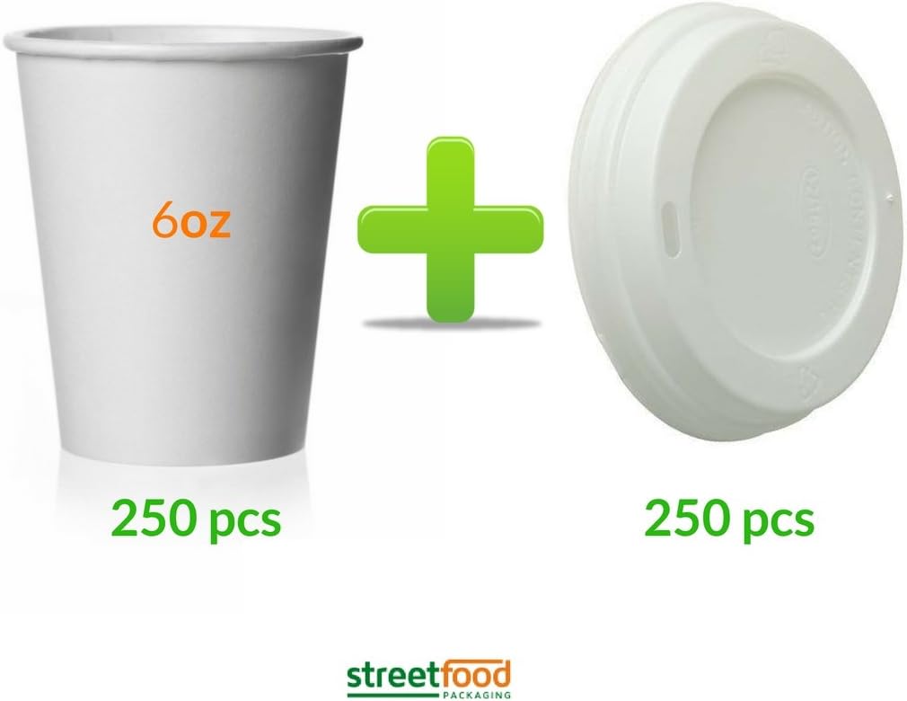 500 Pack - 6oz Coffee Cup (250pcs) with White Sip Thru Lids (250pcs) | Paper Hot Drinking Cups | Disposable Single Wall Coffee Cups : 250 Cups and 250 Lids - Streetfood Packaging
