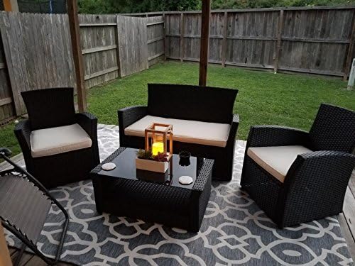Cloud Mountain 4 PC Wicker Rattan Furniture Set Sofa Cushioned Patio Wicker Rattan Furniture Set Chair Table Set Bench Loveseat Outdoor Lawn Sectional Seat with Glass Top Table, Black