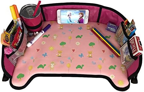 Toddler Car Seat Tray By Little Oak - Sturdy Side Walls, Strong Easy To Clean Surface, Waterproof Snack & Activity Play Tray, Mesh Storage Pockets, Durable Buckles, Kid Road Trip Essential-Pink