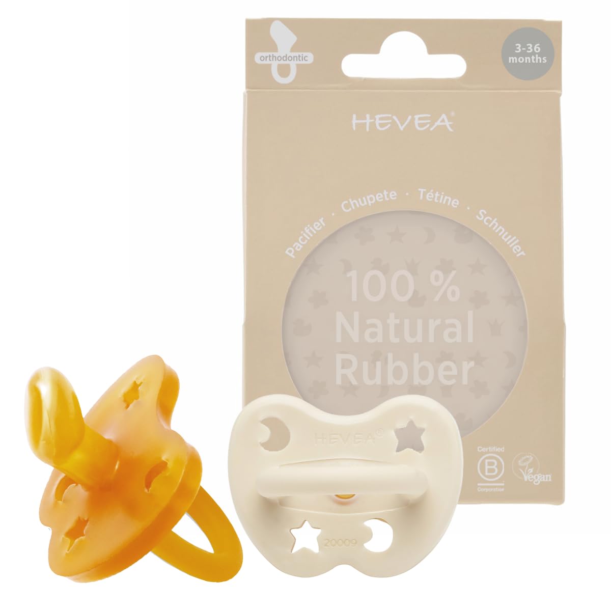 HEVEA Natural Rubber Dummy Pacifier Orthodontic 3-36 Months – Hygienic One Piece Design for Newborns to Toddlers, BPA-Free, Soft & Durable – 2-Pack (Milky White & Natural) — image 1
