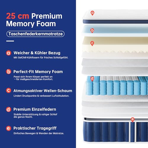 TeQsli Gel Spring Mattress 90 x 200 cm Height 25 cm Gel Memory Foam Pocket Spring Mattress for Pressure Relief, Orthopaedic & Ergonomic 9-Zone Mattress H3, Oeko-Tex & CertiPUR Certified