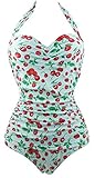 Cocoship 50s Retro Light Blue Vintage Flattering Cherry Print One Piece Swimsuit Bathing suit 2XL(FBA)