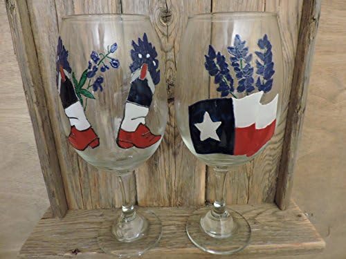 Two hand painted wine glasses with Texas designs: Texas Flag, Boots, and Bluebonnets