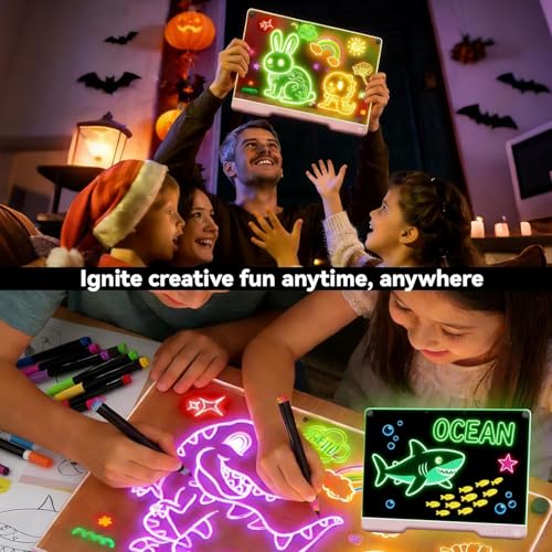 SLEEPHEAD® 16-Inch Rechargeable Doodle Glow LED Note Board, 7-Color Light Modes, Neon Art Dry Erase Light Up Drawing Pad with Built-in Stand, Sketching Gift Toy for Kids/Girls/Teens, 7 Markers & Traci