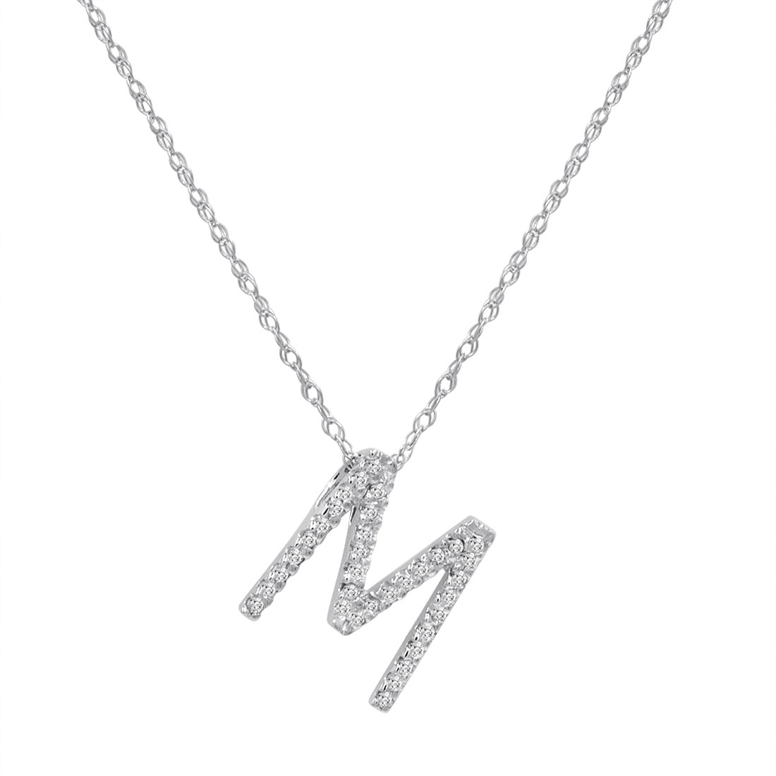 14K White Gold Diamond "M" Initial Pendant, 16" Necklace
