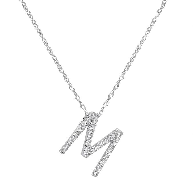 14K White Gold Diamond "M" Initial Pendant, 16" Necklace Jewelry