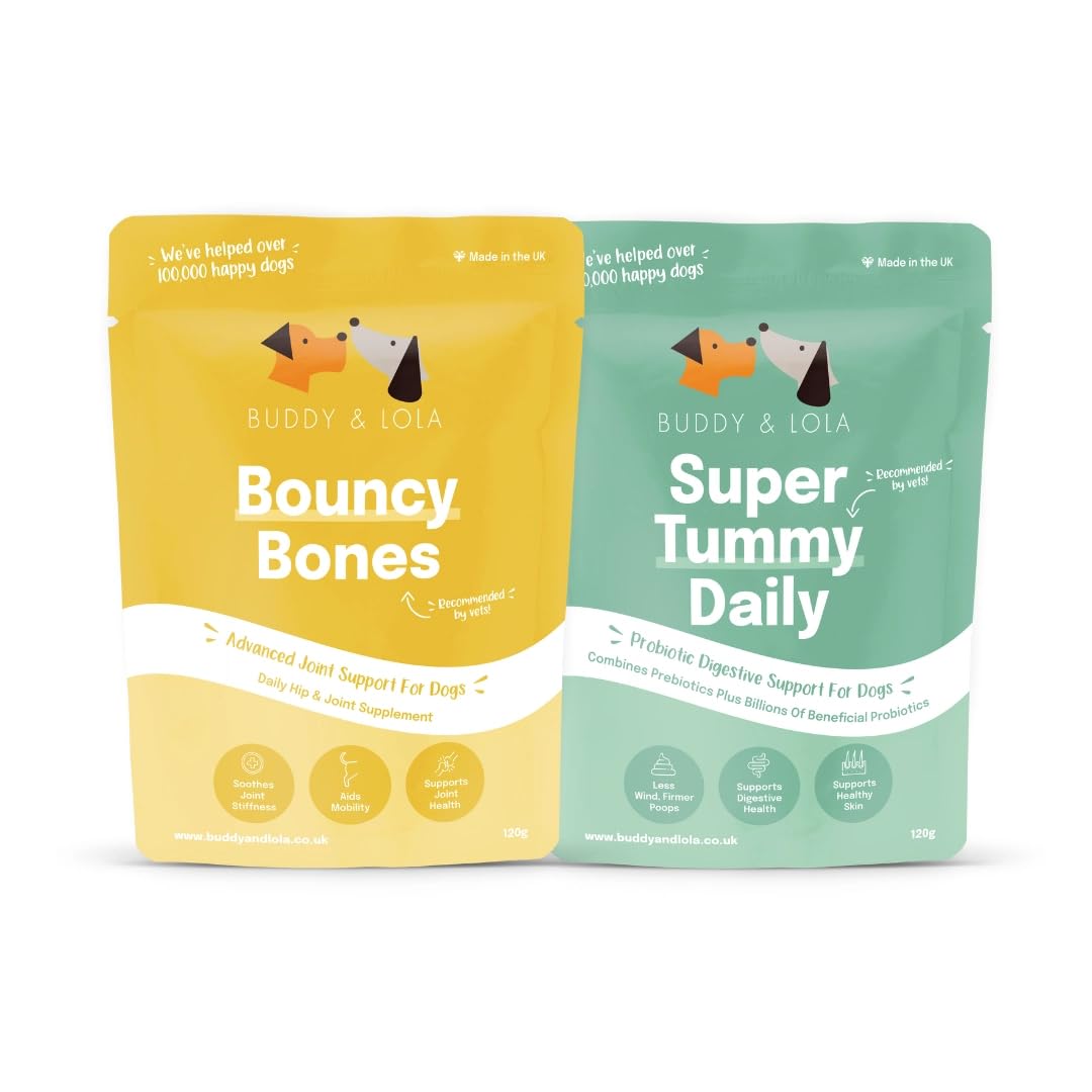 Buddy & Lola Joints and Tummy Bundle for Dogs - High CFU Count, Plant-Based Dog Probiotics for Gut Health - Dog Probiotic Powder with Prebiotics for Skin Health & Joint Support Supplement