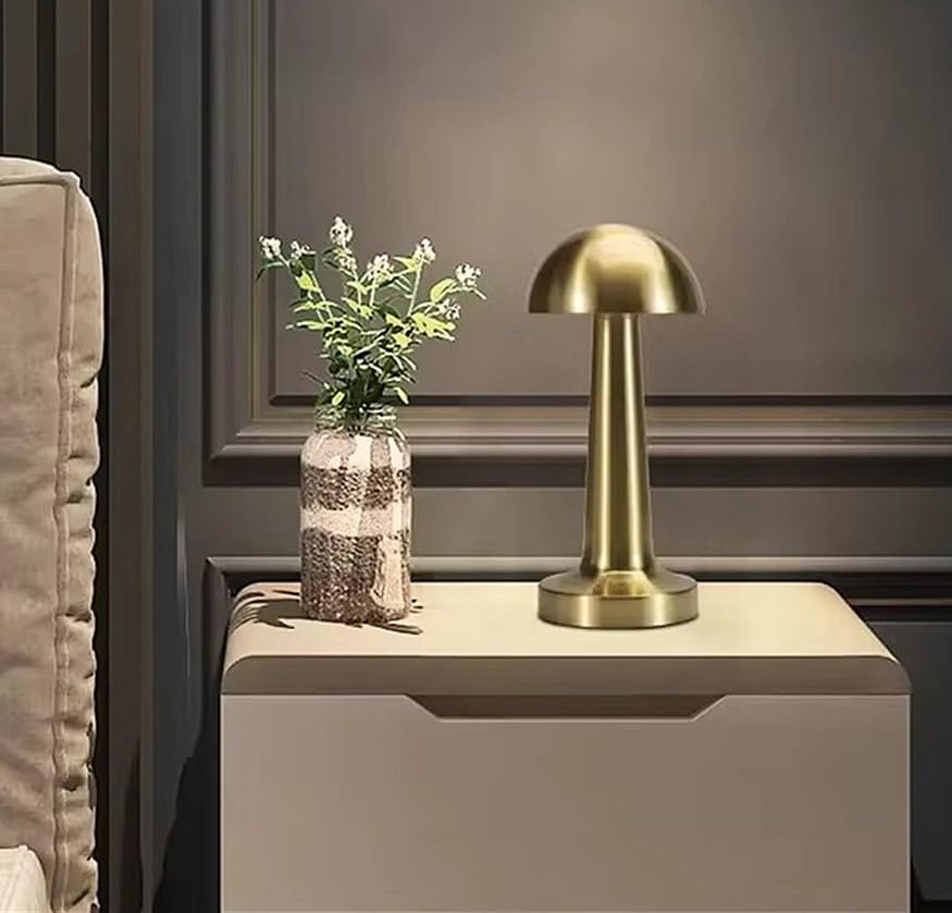 TRIXES Rechargeable Mushroom Lamp - Portable Cordless Table Lamp with 3-Colour Modes - Ambient Lighting - Antique Gold