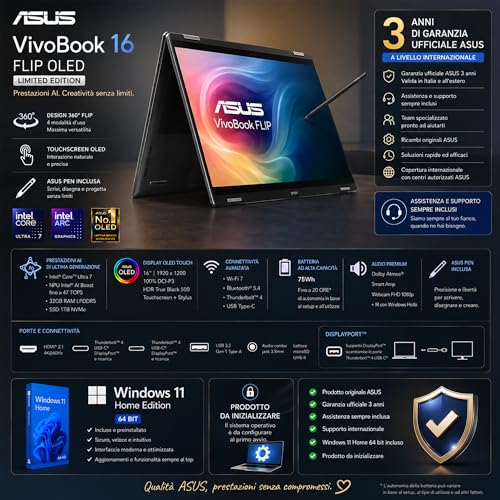 ASUS Vivobook 16 FLIP, Intel® Core™ Ultra 7 258V, Intel Arc Pro, OLED Display Touchscreen 16" WUXGA FHD+, DDR5 32Gb, SSD 1Tb, Win 11, Wi-Fi 7, BT 5.4, Backlit Keyboard, Pen, Gar 3 Years
