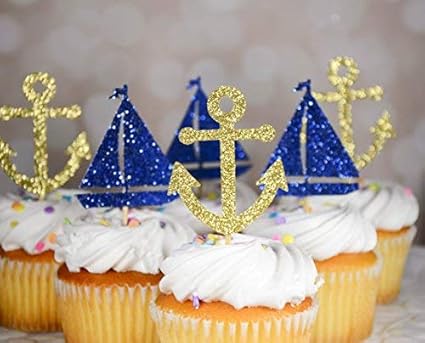 Amazon Com Nautical Cupcake Toppers Anchor Theme Glitter Cupcake
