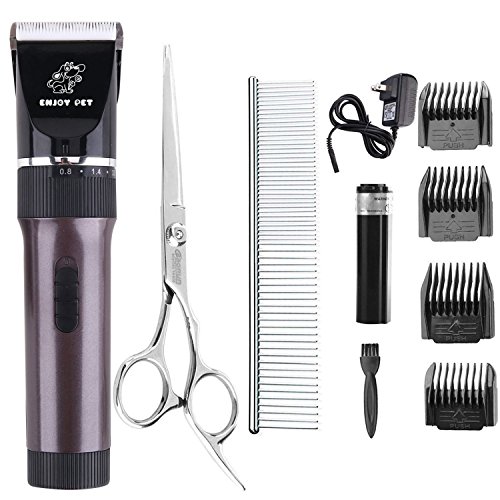 Dog Clippers Cat Shaver, Professional Hair Grooming Clippers Detachable Blades Cordless Rechargeable, Pet Clipper Kit with Scissor, Combs, Guards for Dog Cat, Quiet Animal Clippers (Brown)