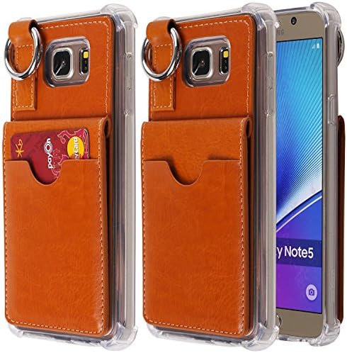 Galaxy Note 5 Wallet Case,[Pocket Ring Bumper] Credit Card Case [Kick Stand] Protective Hybrid Case [Key Ring Holder] with 3 Cards Slot Wallet for Galaxy Note 5 (Brown)