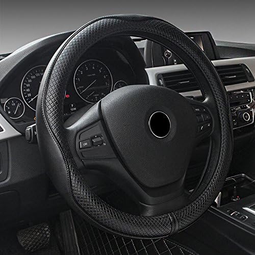 EcoGehen Universal Car Steering Wheel Cover Genuine Leather 38CM/15'' Heavy Duty Elegant Anti-Slip Non-Toxic - Black & Black Line