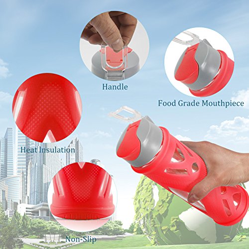 SHOKE Pure BPA-Free Glass Water Bottle with Protective Silicone Sleeve&Leak proof Lid & 24 Oz & Flip Top