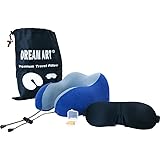 DREAM ART Travel Pillow 100% Pure Memory Foam Neck Pillow, Breathable Cover, Machine Washable, Headrest Airplane Travel Kit w