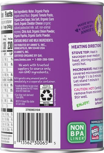 ANNIE’S ORGANIC BERNIE O’S, CANNED PASTA IN TOMATO AND CHEESE SAUCE, 15 OZ