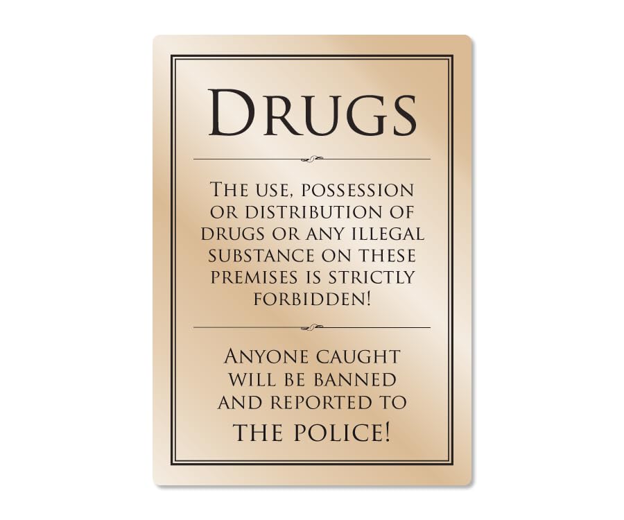 No Drugs Sign Gold A4 297x210mm Pub Bar Restaurant Licensed Premises Notice Anti Drugs Warning