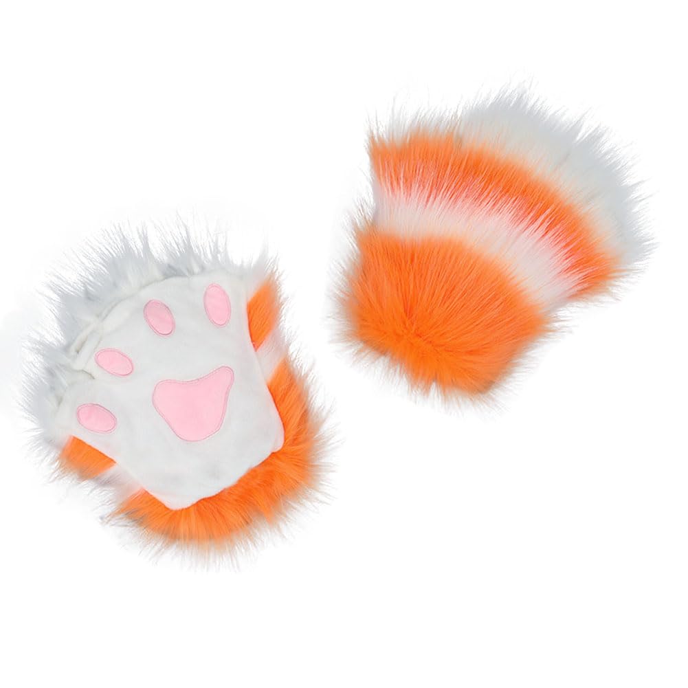 ILUFAM Cat Paw Gloves - Furry Cosplay Gloves, Fluffy Cute Animal Paws, Faux Fur Half Finger Gloves (Orange)