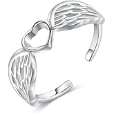 AOBOCO 925 Sterling Silver Ring Heart Angel Wings Ring Adjustable Heart Rings for Women