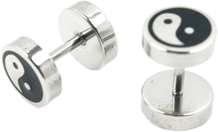 UM Jewellery Stainless Steel Mens Tai Chi Yin Yang Stud Earrings Illusion Tunnel Plug Black White