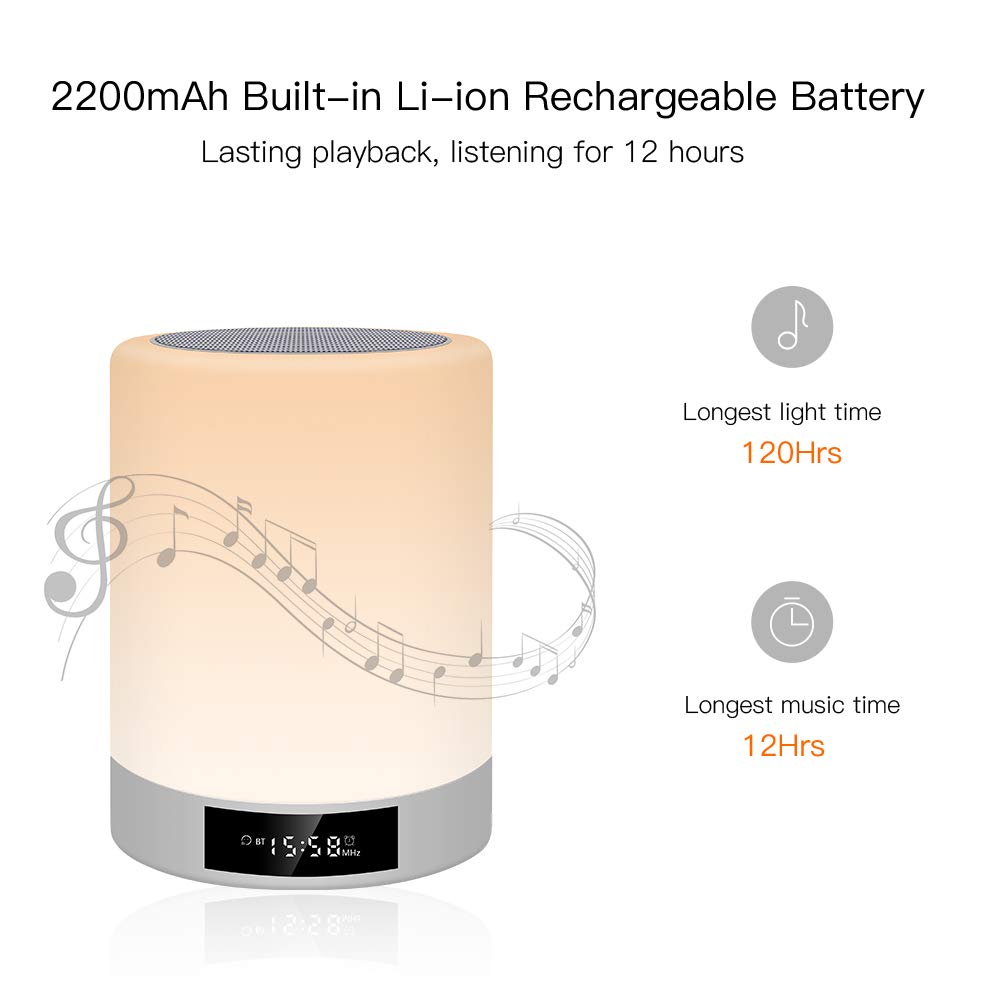 Night Lights Bluetooth Speaker, Ranipobo Wireless Stereo Speaker with Alarm Clock, MP3 Music Player, FM Radio, Touch Control LED Lamp Dimmable Warm Lights & 7 Colors Themes for Kids, Party, Bedroom